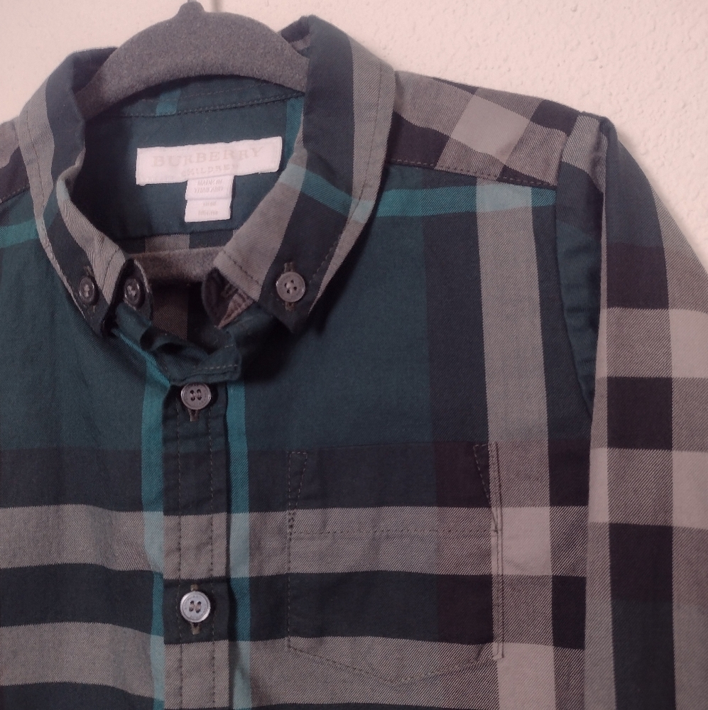 Burberry Children Green Checked Plaid Long Sleeve Button Down Dress Shirt 18M - Picture 6 of 14